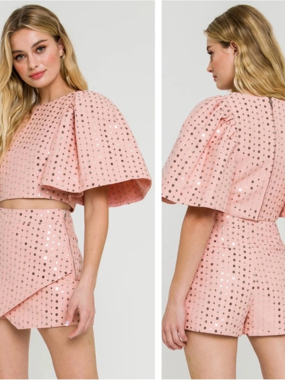 Pinky peach sequin top. Cropped with large sleeves EUC